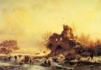 Frederik Marianus Kruseman - Winter Landscape With Skaters On A Frozen River Beside Castle Ruins